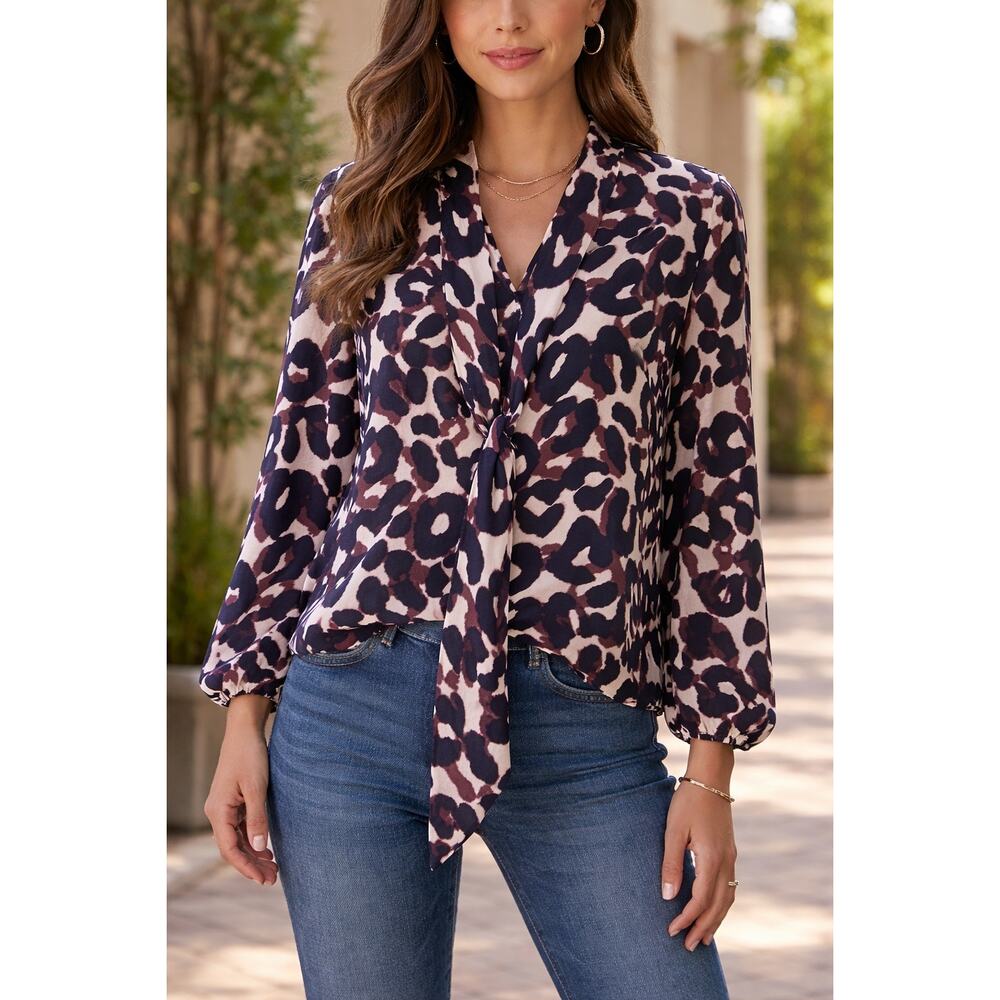 Tahari ASL XL Leopard Print Tie Neck Blouse Women’s Long Sleeve Career Top